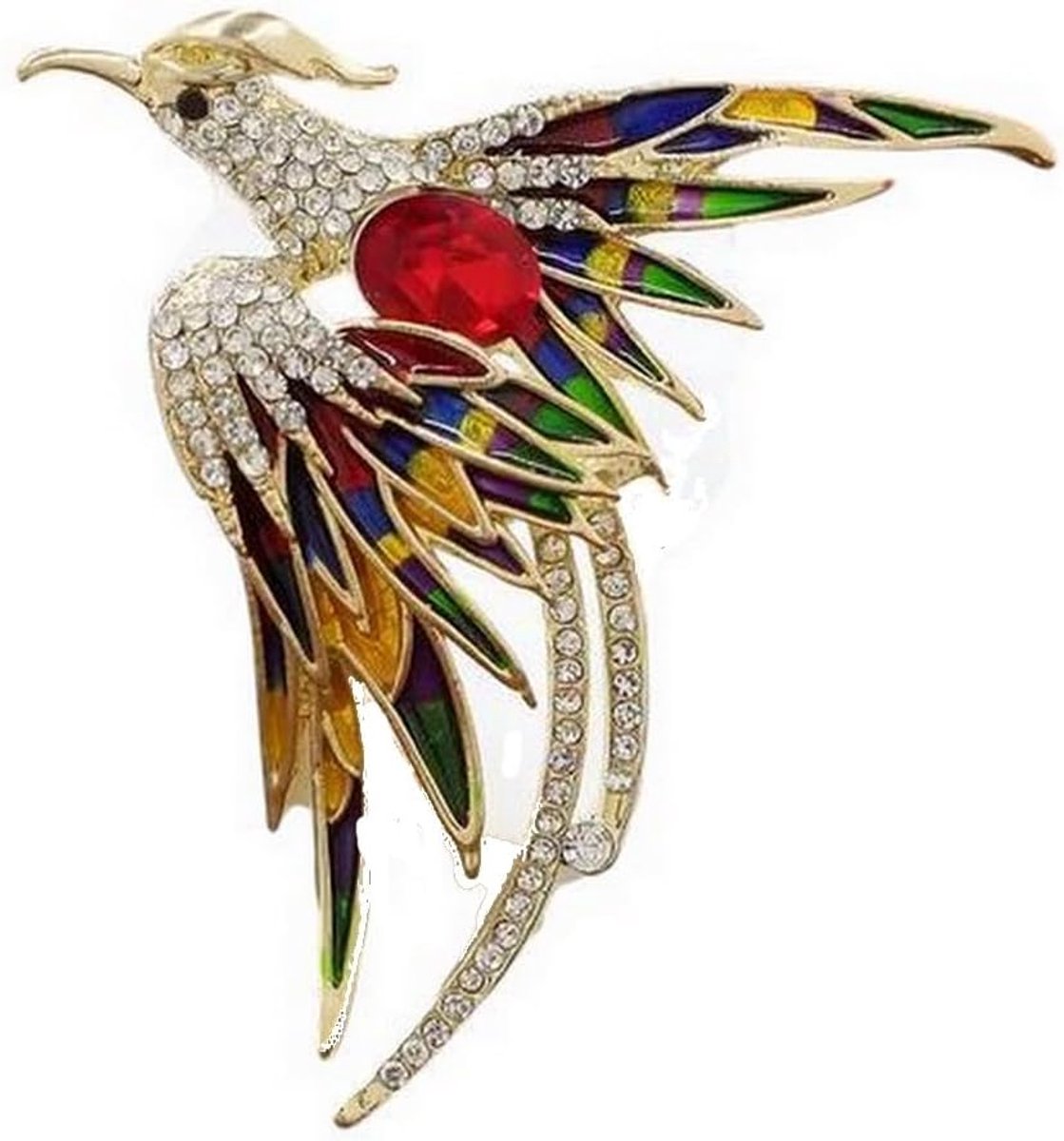 vogel sieraden broche in goud en veelkleurig staal, rode steen.