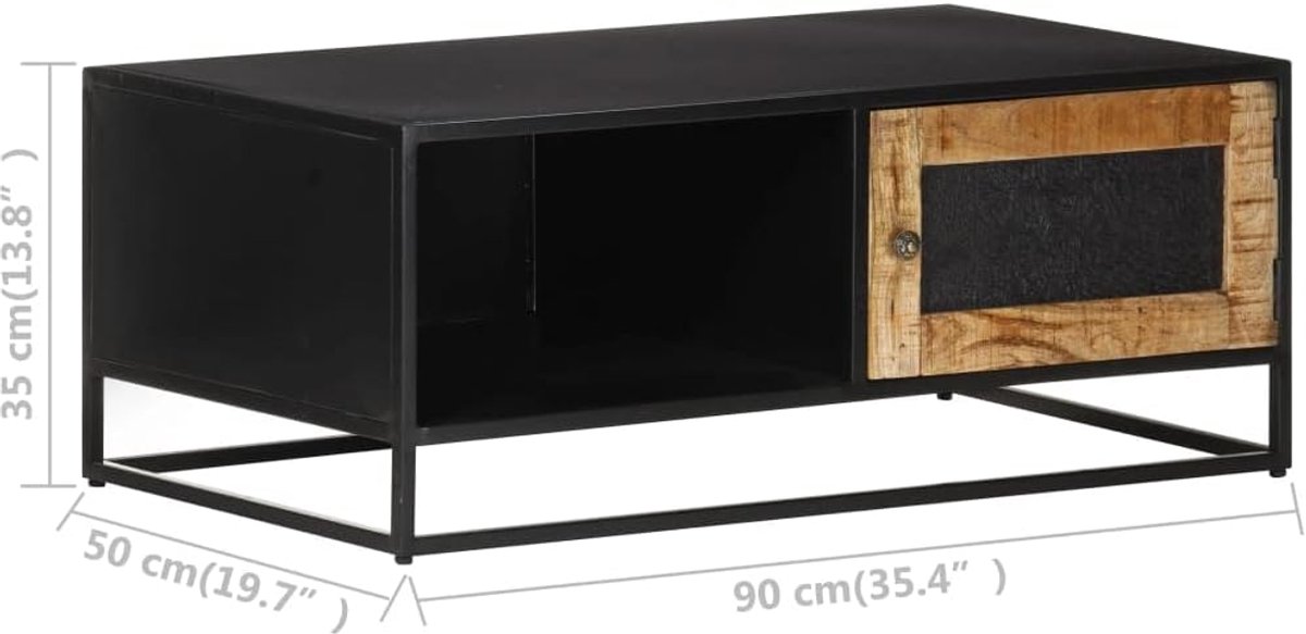 Salontafel van ruw mangohout 90 x 50 x 35 cm met opbergvak en handgesneden deur, stabiel ijzeren frame, duurzaam tropisch hardhout voor woonkamer