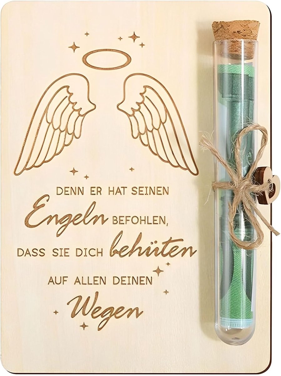Hout met beschermengel gravure - voor doop, communie en vormsel - geldgeschenken voor vormsel of jeugddoopwijs als persoonlijk cadeau van de dooppeer met jute koord