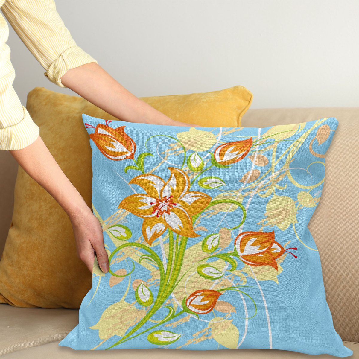 ABAKUHAUS Bloemen Sierkussenhoes, Tiger Lily in Retro Levendig Kleuren Essence Buds Florets Afbeelding, Decoratieve Vierkante Sierkussenhoes, 50 x 50 cm, Geel Lucht