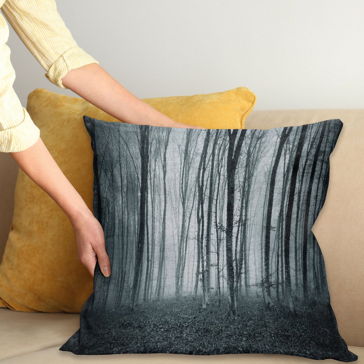 ABAKUHAUS Woods Sierkussenhoes, Grunge Kleur Shade Foggy Donker Bos Tall Bomen Horror Thema Spooky Bos Print, Decoratieve Vierkante Sierkussenhoes, 45 x 45 cm, Teal en Grijs