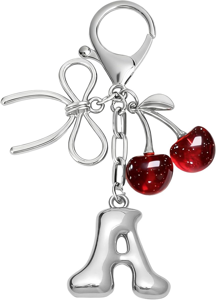 Kristallen Kersen Sleutelhanger met Metalen Strik, Gepersonaliseerde Sleutelhanger met Initiële Letter, Leuke Kawaii Tas Charms Accessoires, Prime Gift voor Vrouwen Meisjes Vrienden