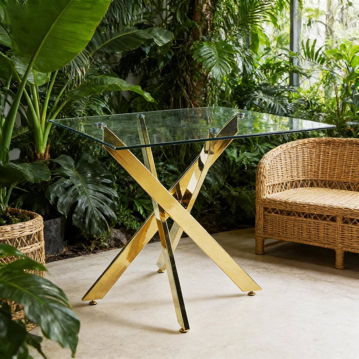Ruimtebesparende eettafel, keukentafel met glasplaat en X-vormige metalen poten voor 2-3 personen, 80 x 80 x 75 cm (goud, vierkant)