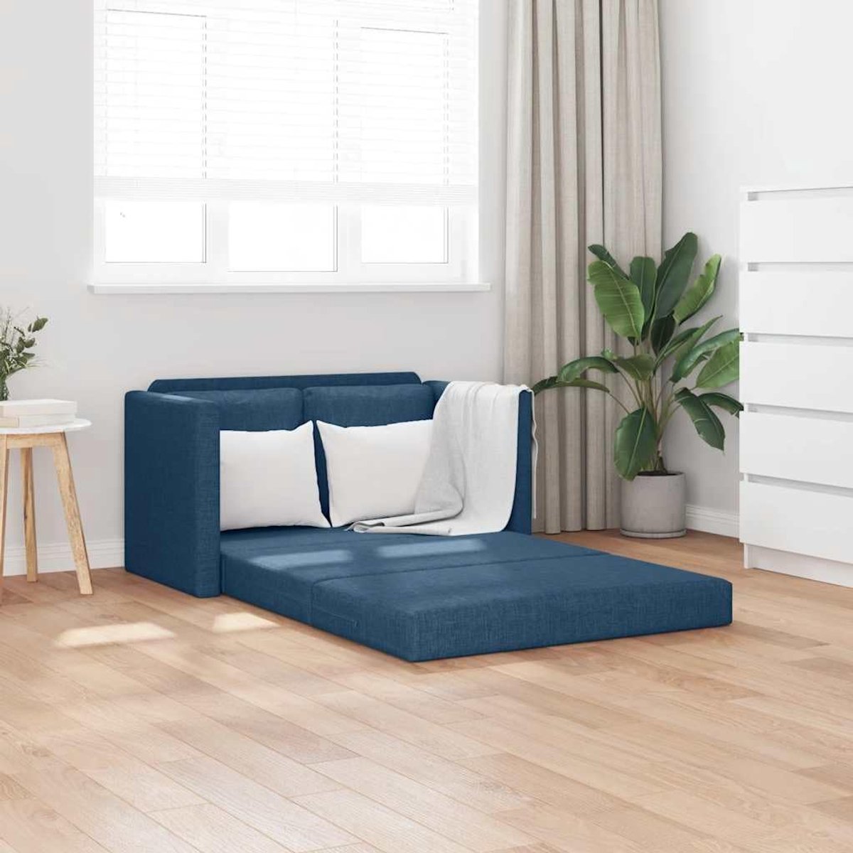 Vloerbank met slaapfunctie, blauw, 112 x 174 x 55 cm, 2-in-1 stof, opvouwbaar, metalen frame, comfortabel