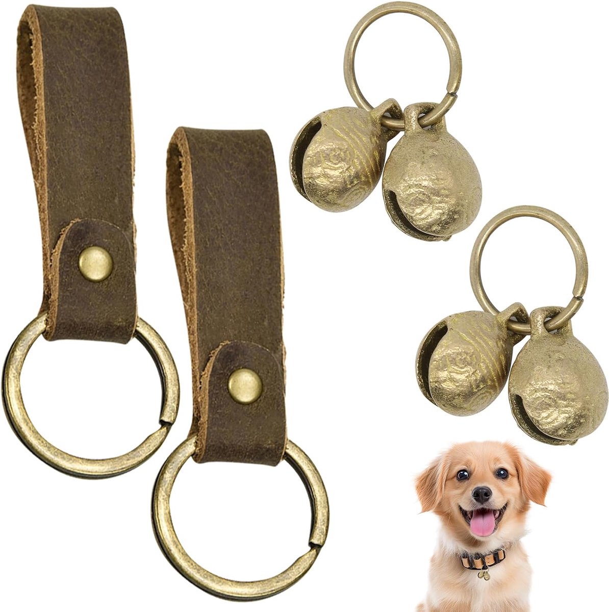 2 stuks messing bellen met 2 stuks leren accessoires voor hondenhalsbanden, luide beltoon voor huisdieren, anti-verloren trainingshanger voor kattenhalsbanden, sleutelhangers