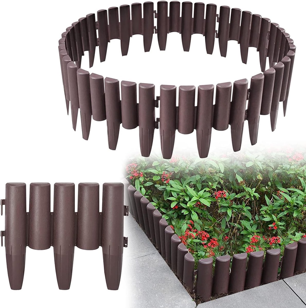 8,4 m kunststof gazonrand, houtlook, tuin border, maaikant, perkomranding palissade, 28 x 24 cm, bruin hek