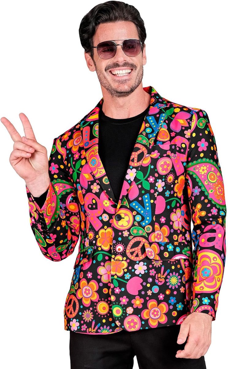- Party Fashion Jacket, Hippie Patroon, Kostuumjas, Neon, Flower Power, Peace, Showmen