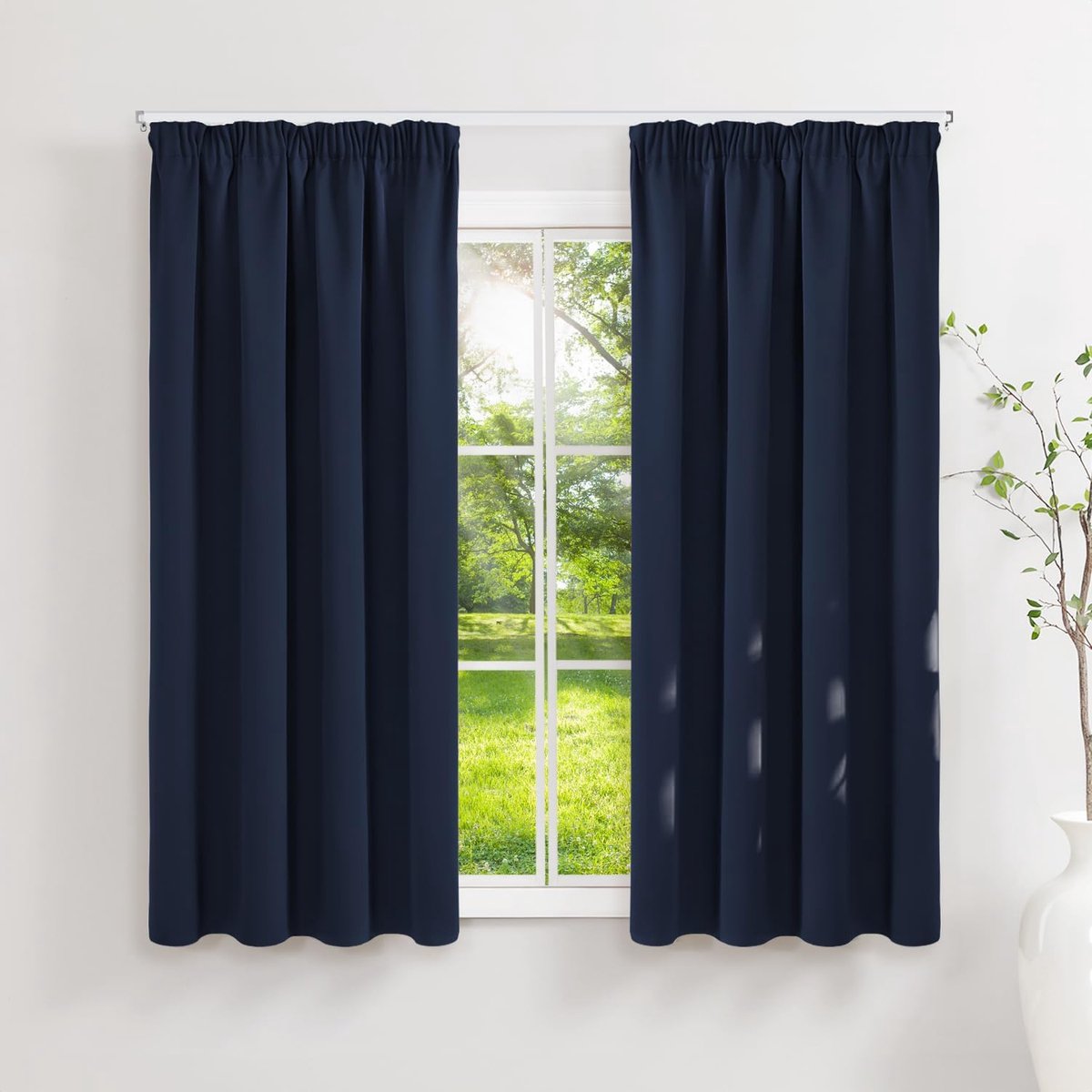 Gordijnen met plooiband, ondoorzichtig, marineblauw, verduisteringsgordijnen, set van 2, 145 x 140 cm (H x B) voor railsysteem, thermische gordijnen, bescherming tegen kou, schuifgordijnen