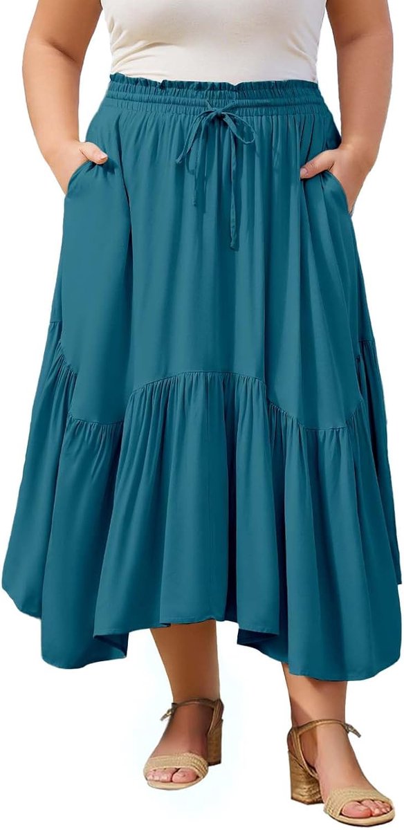 Wood Lange Rok Dames Zomer Flowy Hoge Taille Elastisch Maxi Rok Casual Elegante Long Skirts met Zakken Grote Maten