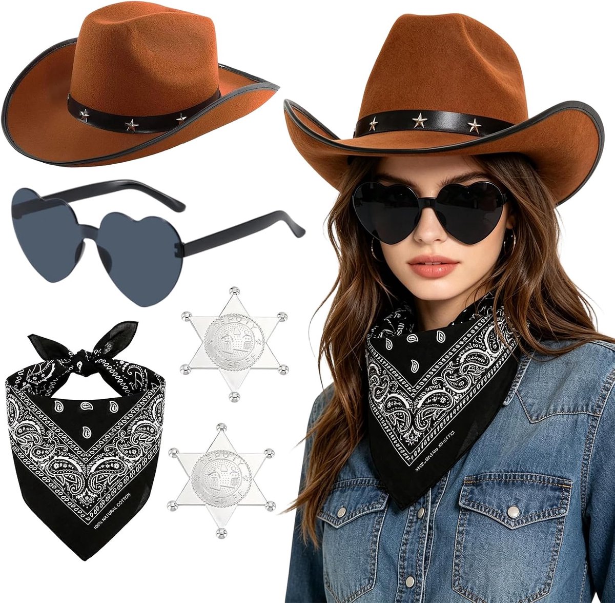 Cowboyhoedset met hartvormige zonnebril en bandana, westerse cowgirlhoed met sterbroche, polyester en PVC-kostuumaccessoires voor feest, 5 stuks