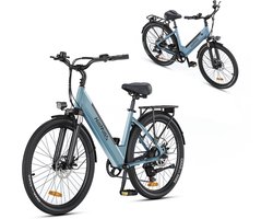 HillMiles MileCity 1 Elektrische fiets, lage instap 44cm, 26 inch stads e-bike voor volwassenen, 25km/u, Shimano 7 versnellingen, 36V13Ah accu, mechanische schijfrem, voorvorkvering, Blauw