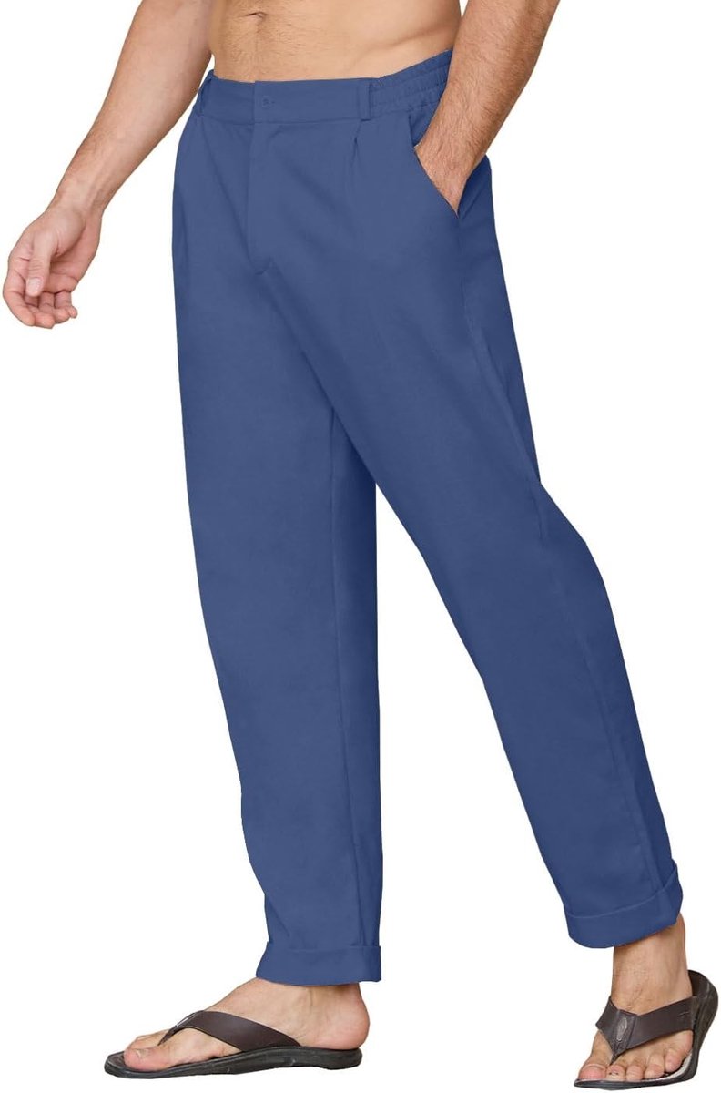 Linnen broek voor heren, chinobroek voor heren, smalle pasvorm, linnen broek, elastische tailleband, linnen broek voor heren, licht, casual, lang, met gesp