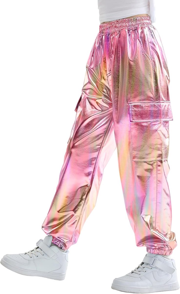 Cargobroek voor meisjes, dans, hiphop, metallic, glanzend, elastische tailleband, retro, streetwear