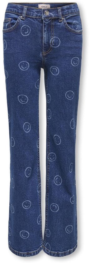 Blauwe spijkerbroek met all-over smiley print, met wijde pijpen.