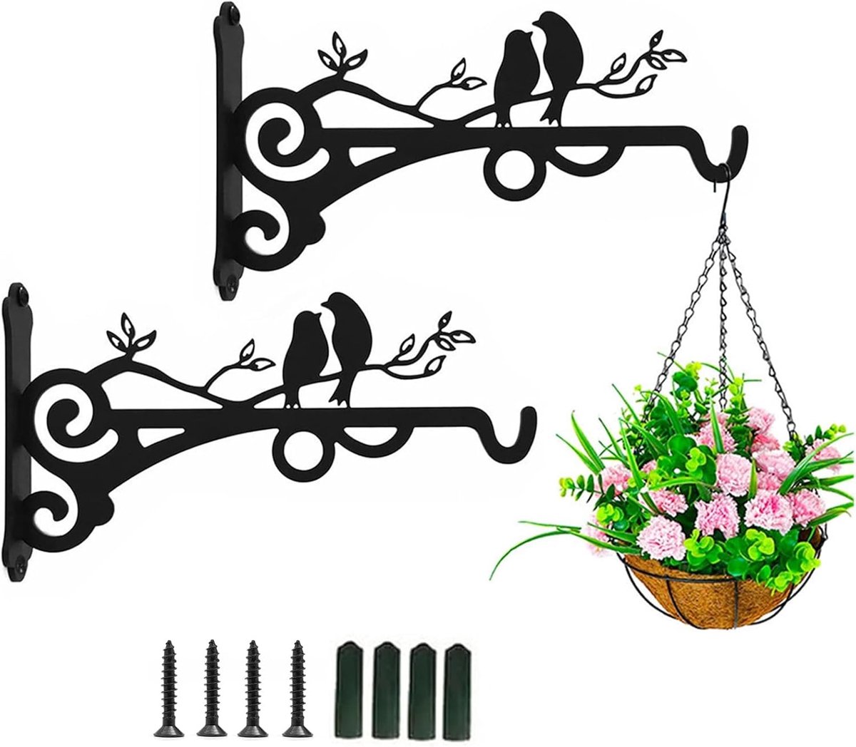 2 stuks bloemenhouder, metalen houder voor bloembak, plantenhanger van ijzer, voor lantaarns, plantenbakken, vogelhuisjes, windklokkenspel (Twee vogels A)