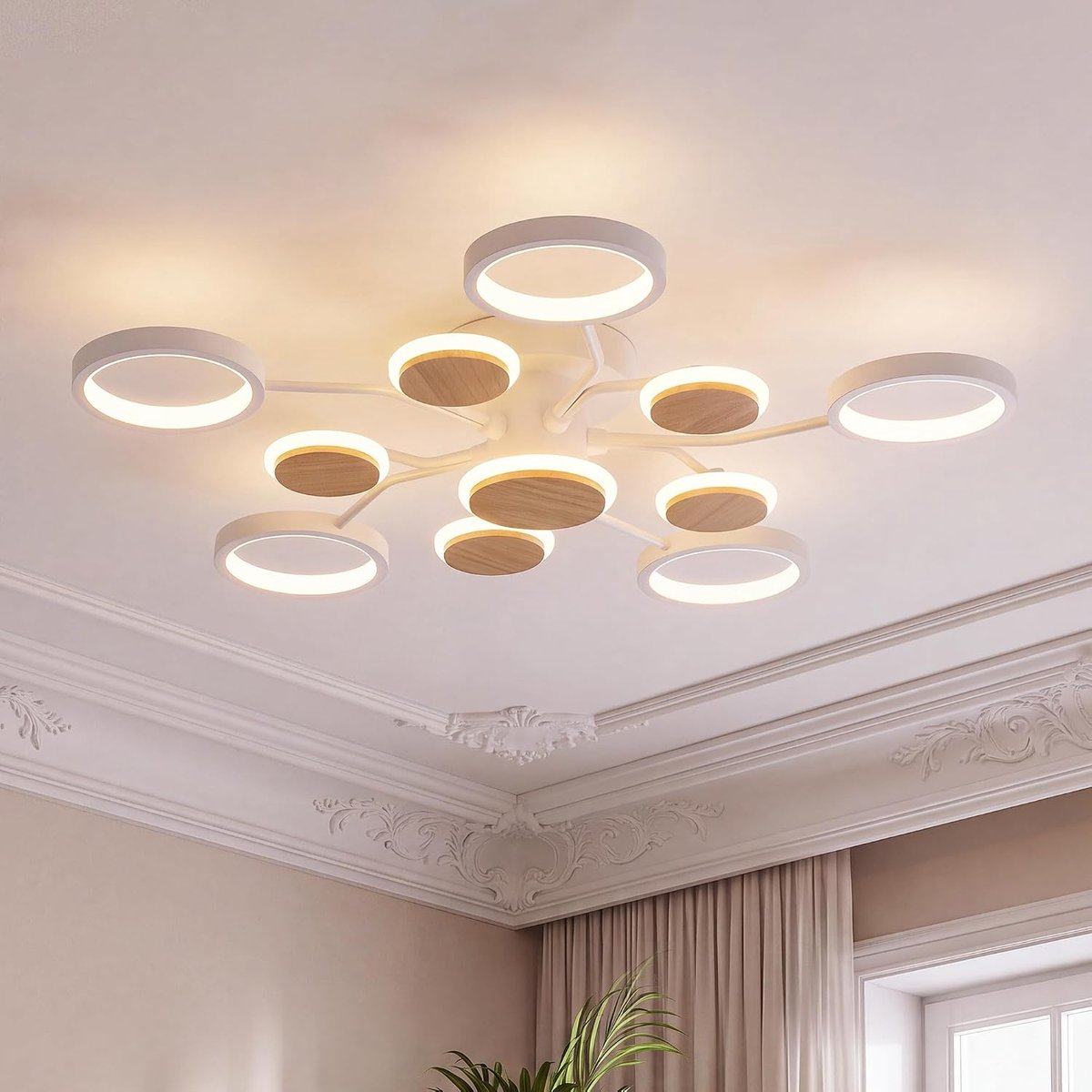 rond, dimbaar, semi-flush, Scandinavische stijl, van hout, met afstandsbediening voor plafondlamp slaapkamer (11 lampen, wit)