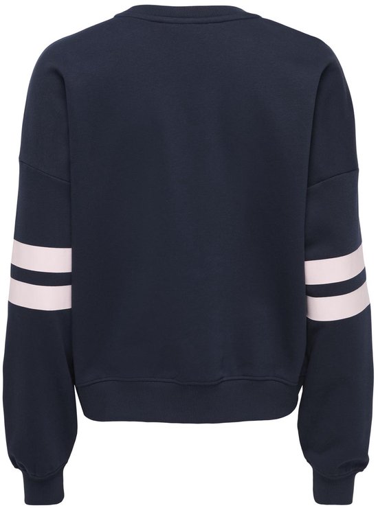 Donkerblauwe trui met roze strepen op de mouwen.