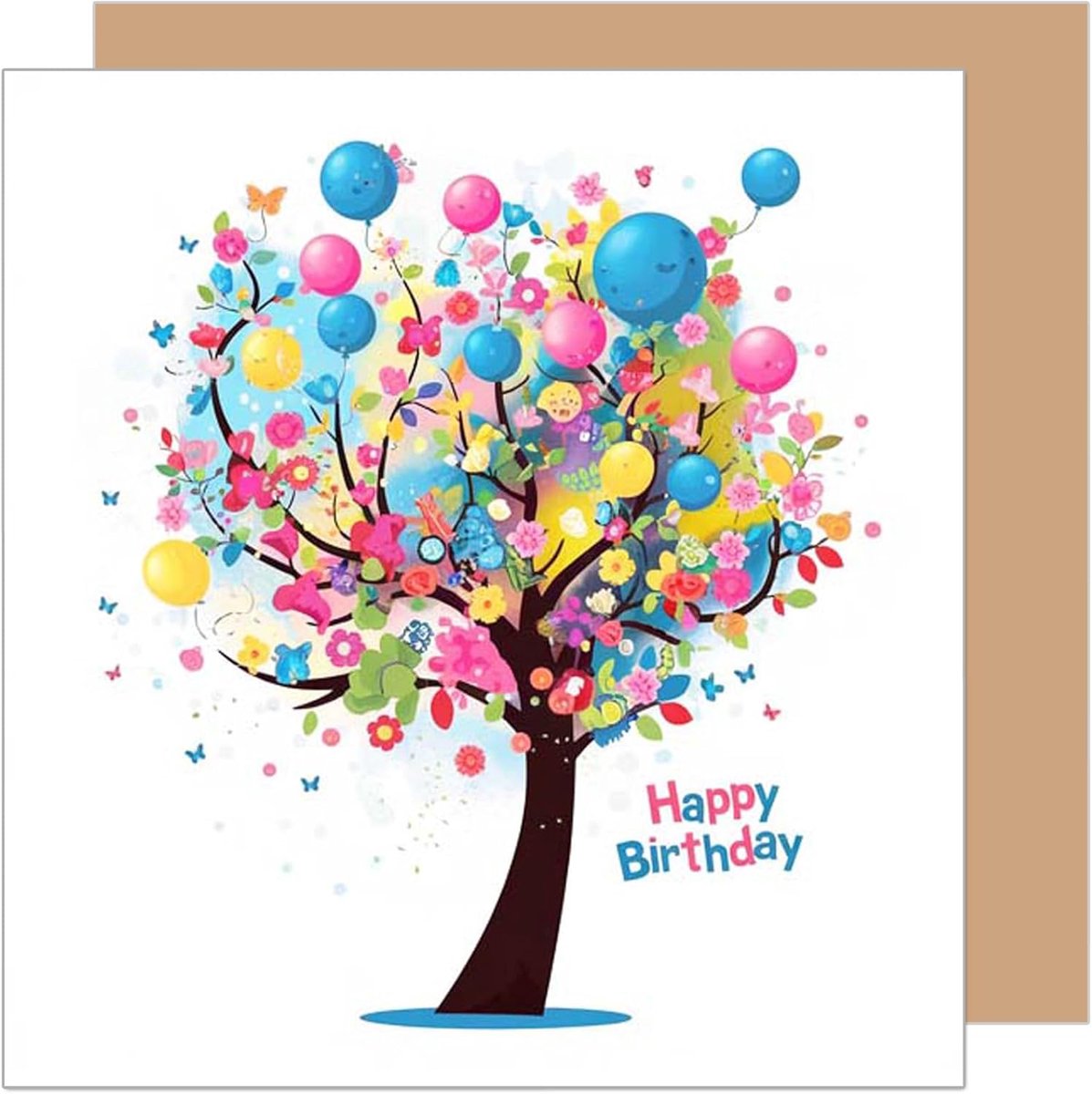 Seidel Premium vierkante verjaardagskaart met envelop. Felicitaties Happy Birthday Billet kaart voor man vrouw vriendin vriend kind kleurrijke boom (GQ365 SW025)