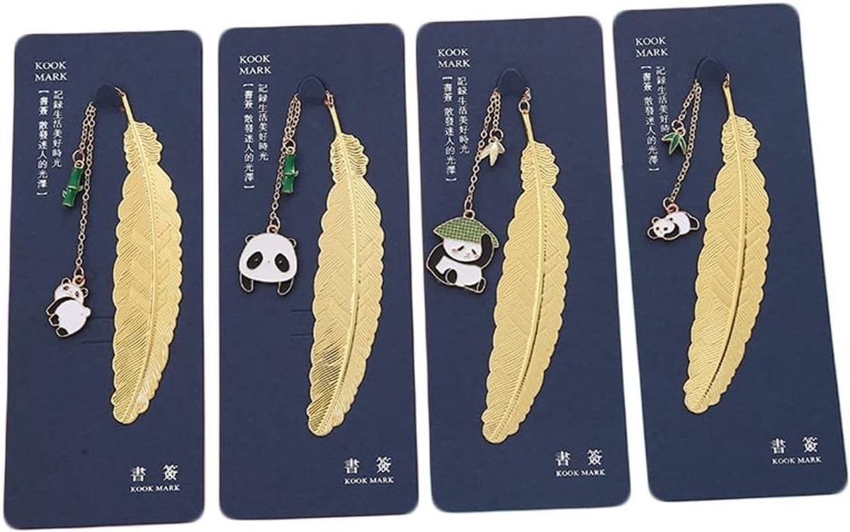 Schattige metalen panda boekenleggers met veer - Perfecte cadeaus voor vrouwen, kinderen en boekenliefhebbers - Set van 4
