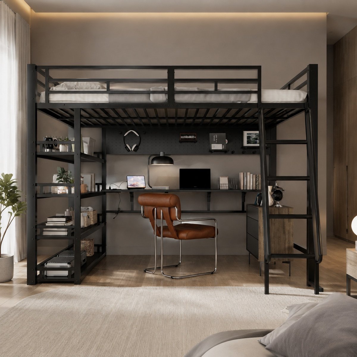 WUVRIE Hoogslaper 140x200 cm met bureau, opbergrekken, oplaadaansluiting en ladder, zwart