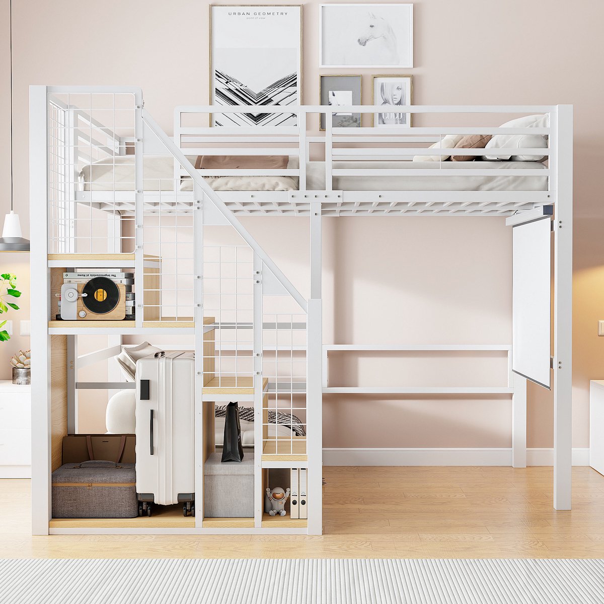 WUVRIE Hoogslaper 90x200 cm met trap, opbergmodule en hoge veiligheidsrand, kinderbed van metaal en MDF, wit