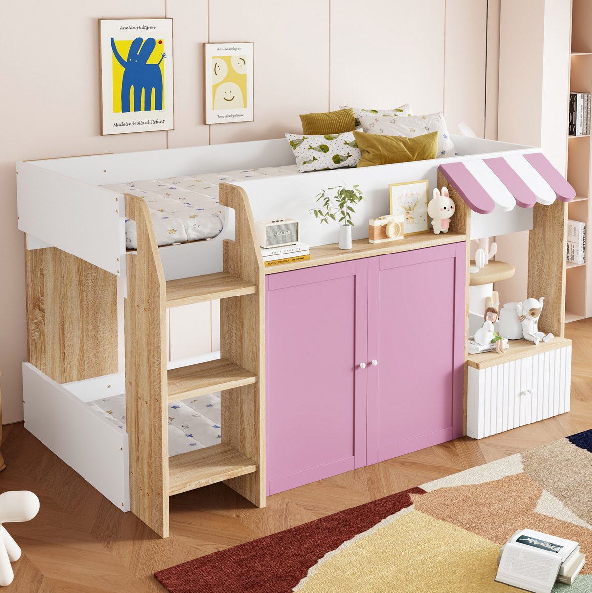 WUVRIE Halfhoogslaper 90x200 cm met huisframe, ladder en opbergruimte, wit/roze/houtkleur