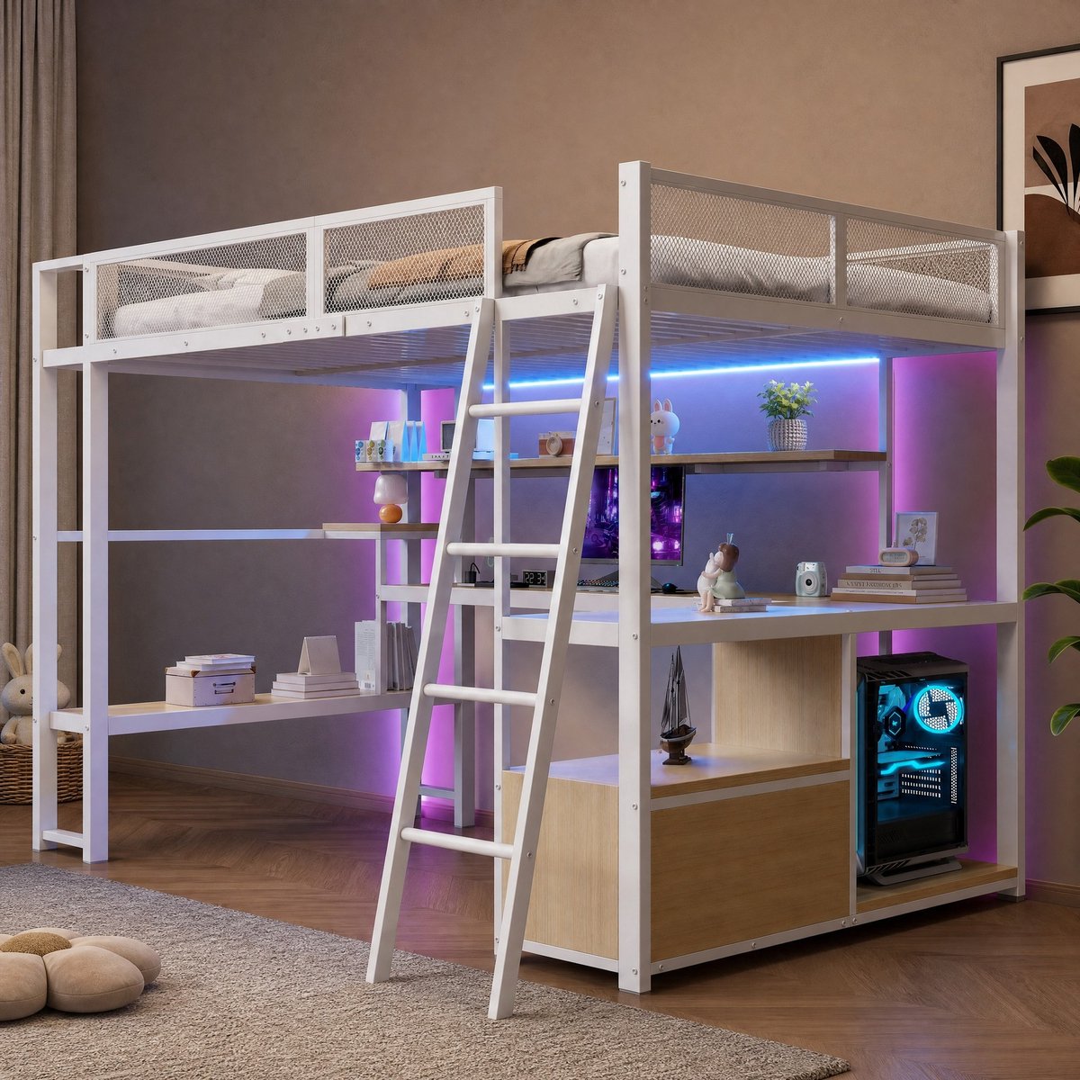 WUVRIE Hoogslaper 140x200 cm met bureau, LED-verlichting, laadstation en opbergruimte, wit