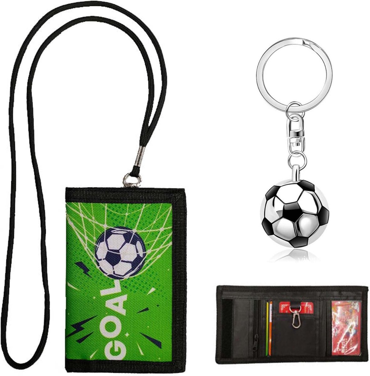 Kinderportemonnee, voetbalportemonnee, jongen met voetbalsleutelhanger, portemonnee voor kinderen en jongens, met voetbalmotief, vetertas, Zoals afgebeeld., 8 X 12 X 1 cm, portemonnee jongens