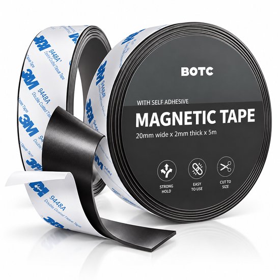 Zelfklevende magneetstrip, zwart, 20 mm breed, 2 mm dik, 5m lang, met 3M plakstrip.