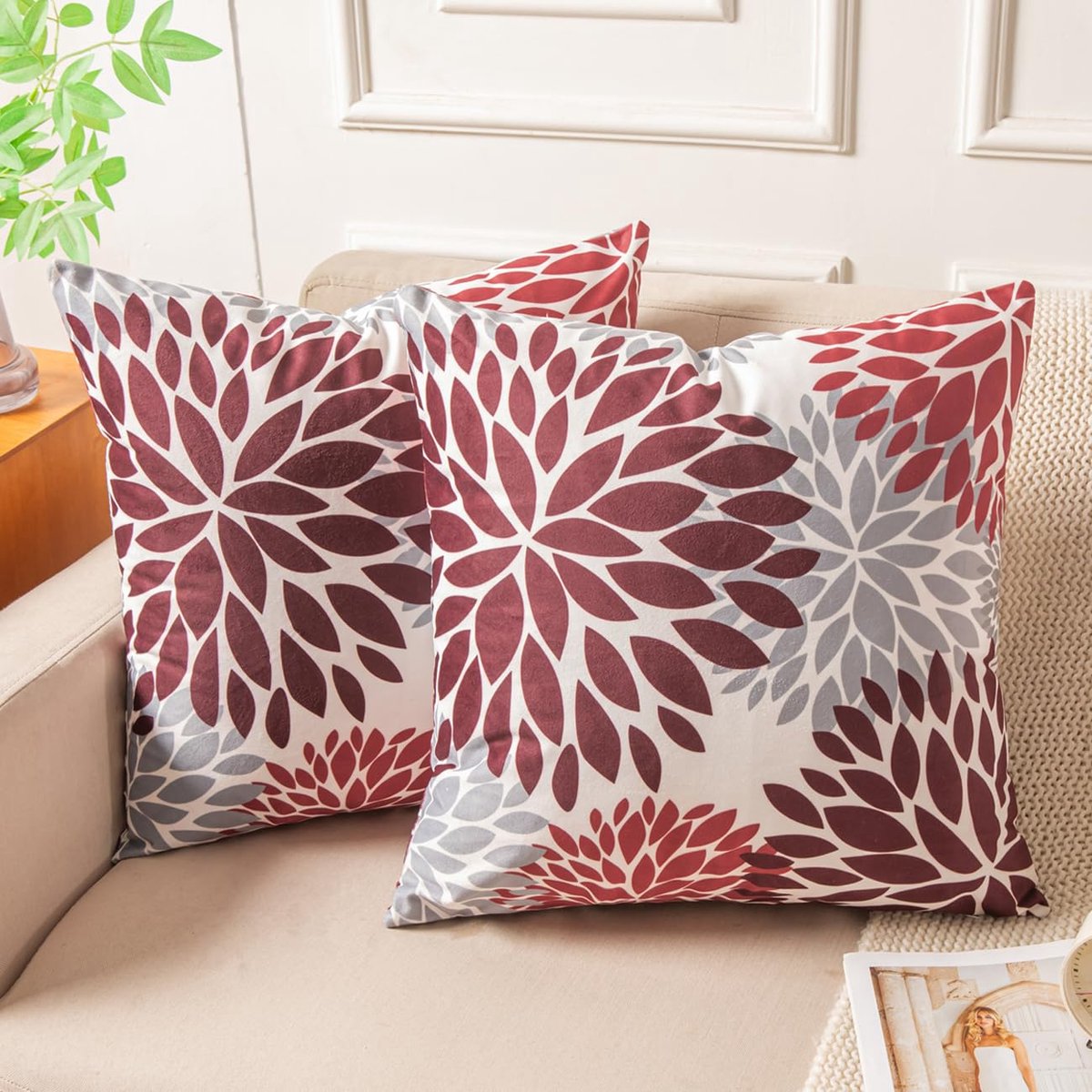 Famanu Kussensloop set van 2 stuks, wijnrood, 50 x 50 cm, fluweel, decoratieve vierkante sierkussenhoezen voor woonkamer