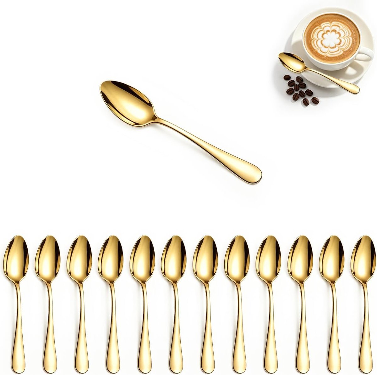 Demitasse Espressolepels 12 Stuks 12,6 cm Berglander Titanium Gold Plating Roestvrij Staal Mini Koffielepels Set, Metalen Bestek Kleine Lepel voor Dessert, Ijs, Feest, Bruiloft