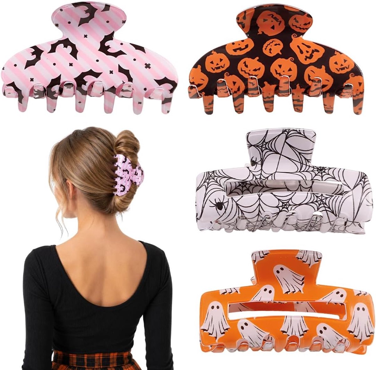 Haarspelden Set Spin Web Vleermuis Pompoen Geest, Acryl Haarklem Antislip voor Dames Meisjes, Feest Carnaval Haaraccessoire