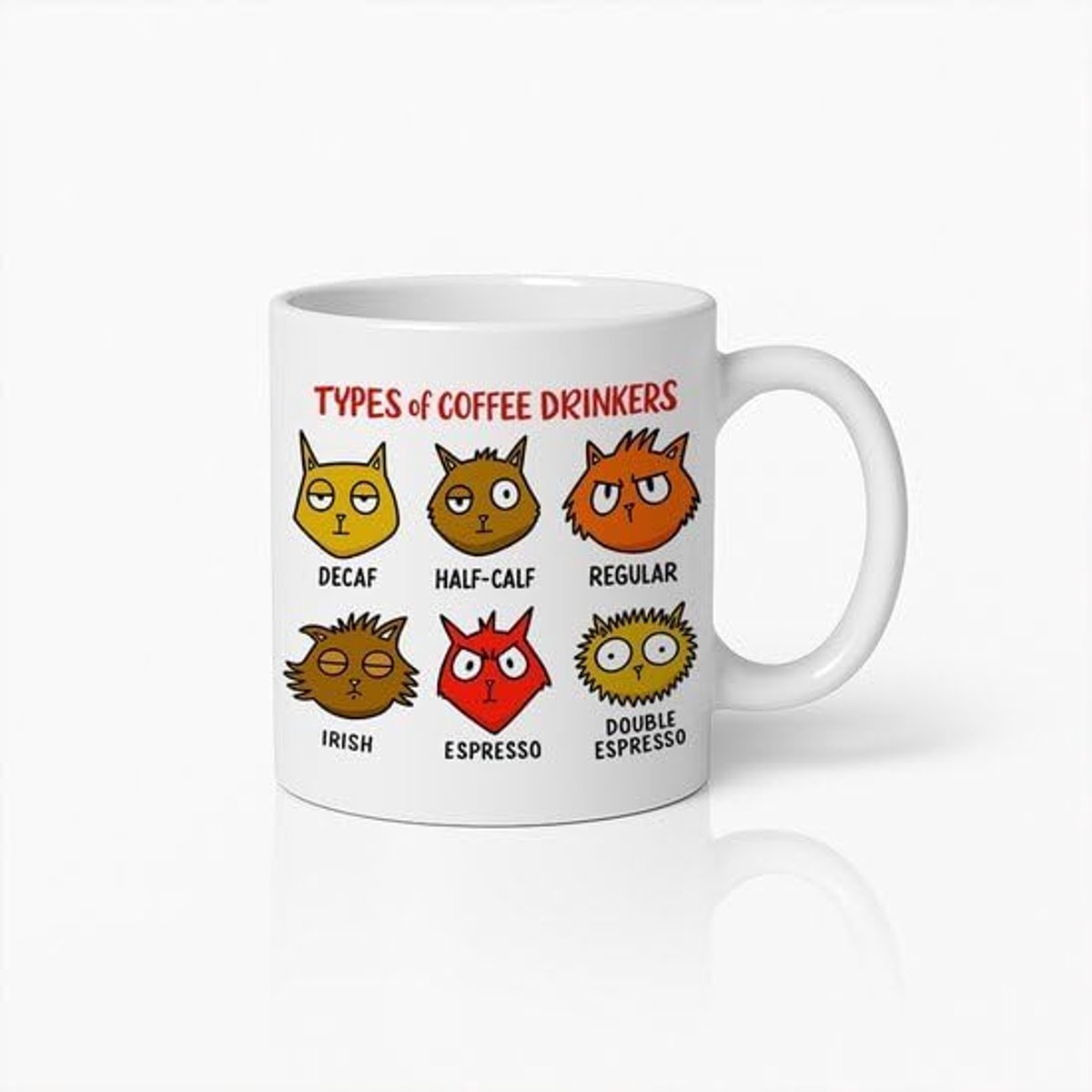 Mok 330ml – “Types of Coffee Drinkers” Grappige Katten Coffee Lover Cartoon Koffiebeker