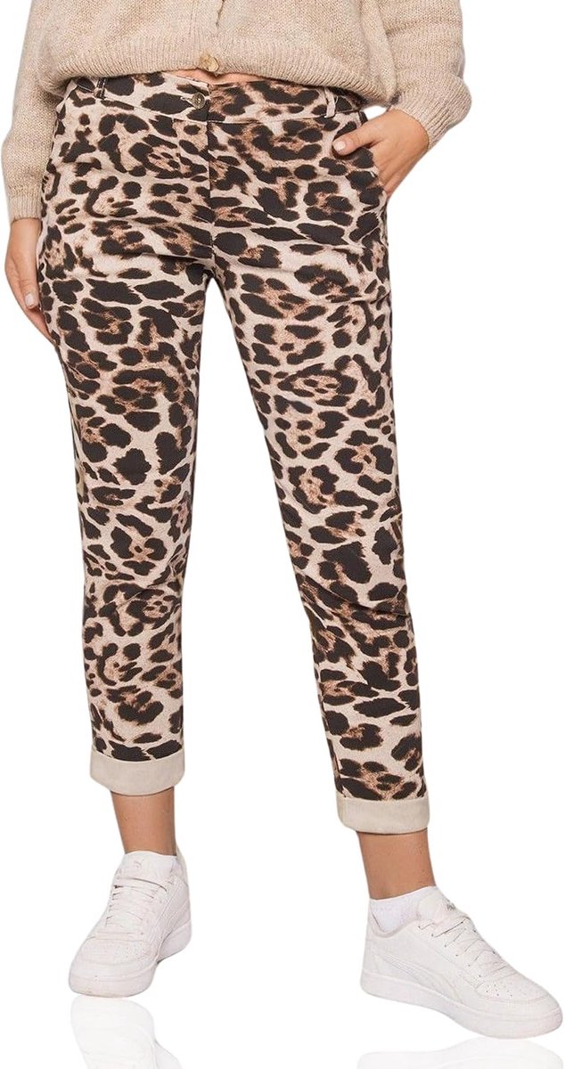 Chino damesbroek stretch met riem stoffen broek dames elegant lang luipaard broek luipaardprint