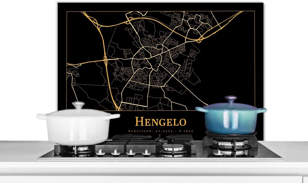 Spatscherm Keuken - 80x55 cm - Kaart - Hengelo - Goud - Zwart