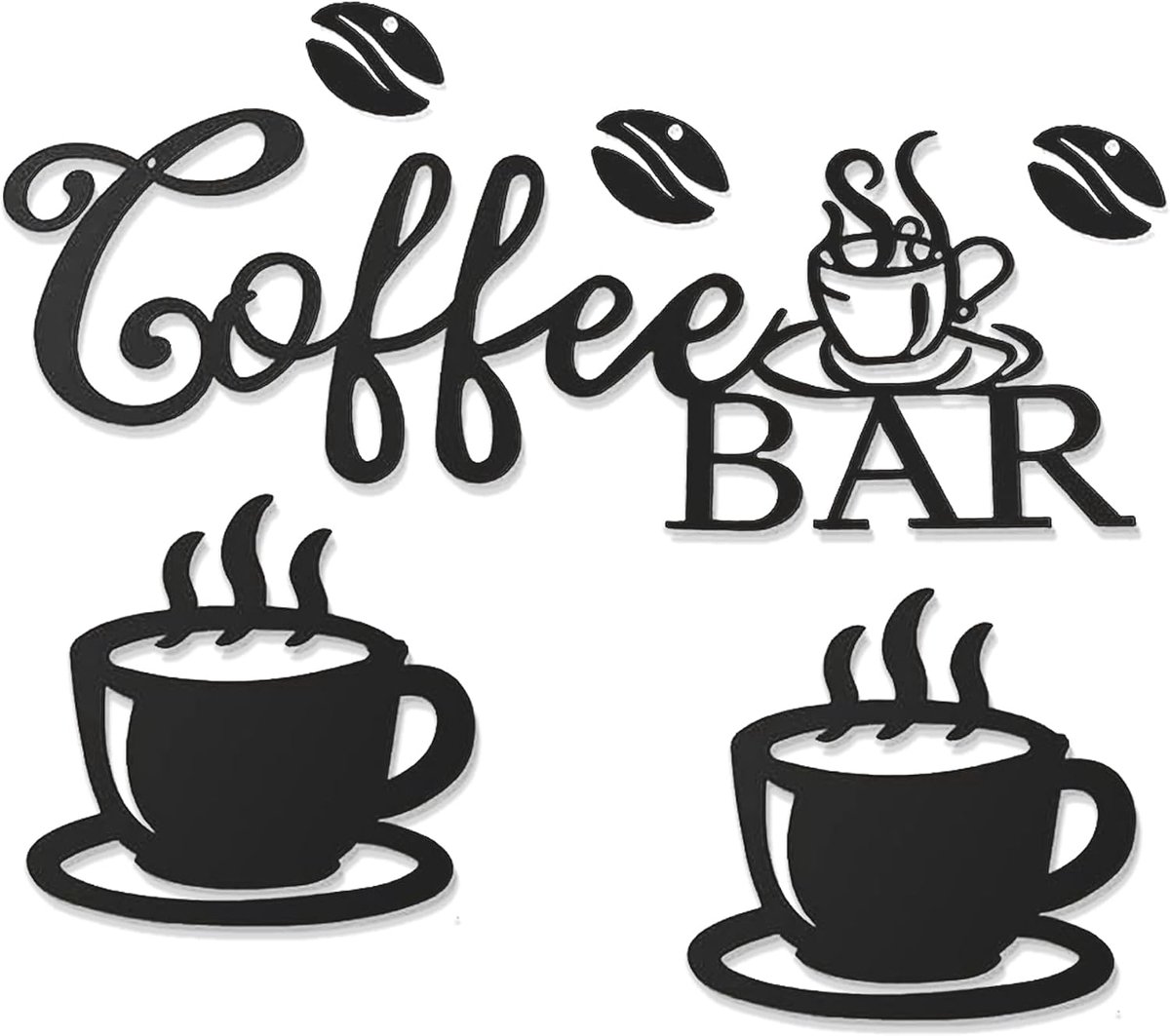 Wanddecoratie voor koffiebar bord - wanddecoratie voor een zwarte metalen koffiemok, elegante koffiebar silhouet muurkunst, koffiekopjes muurschildering voor café, eetkamer, koffieplank muur decor