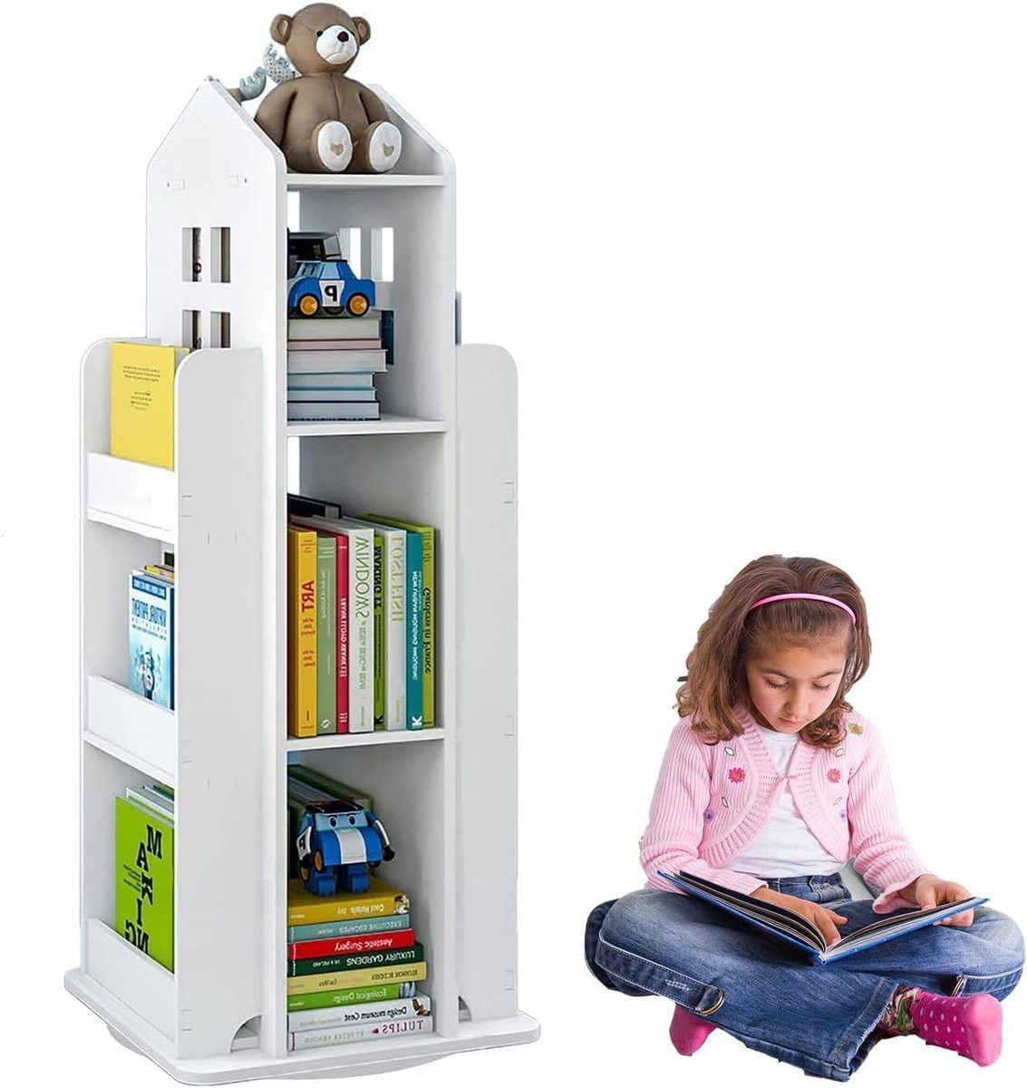 360° draaibare boekenkast, 3-traps wit kinderrek, staande boekenplank, kinderboekenkast, vloerrek voor werkkamer, slaapkamer, woonkamer en kantoor