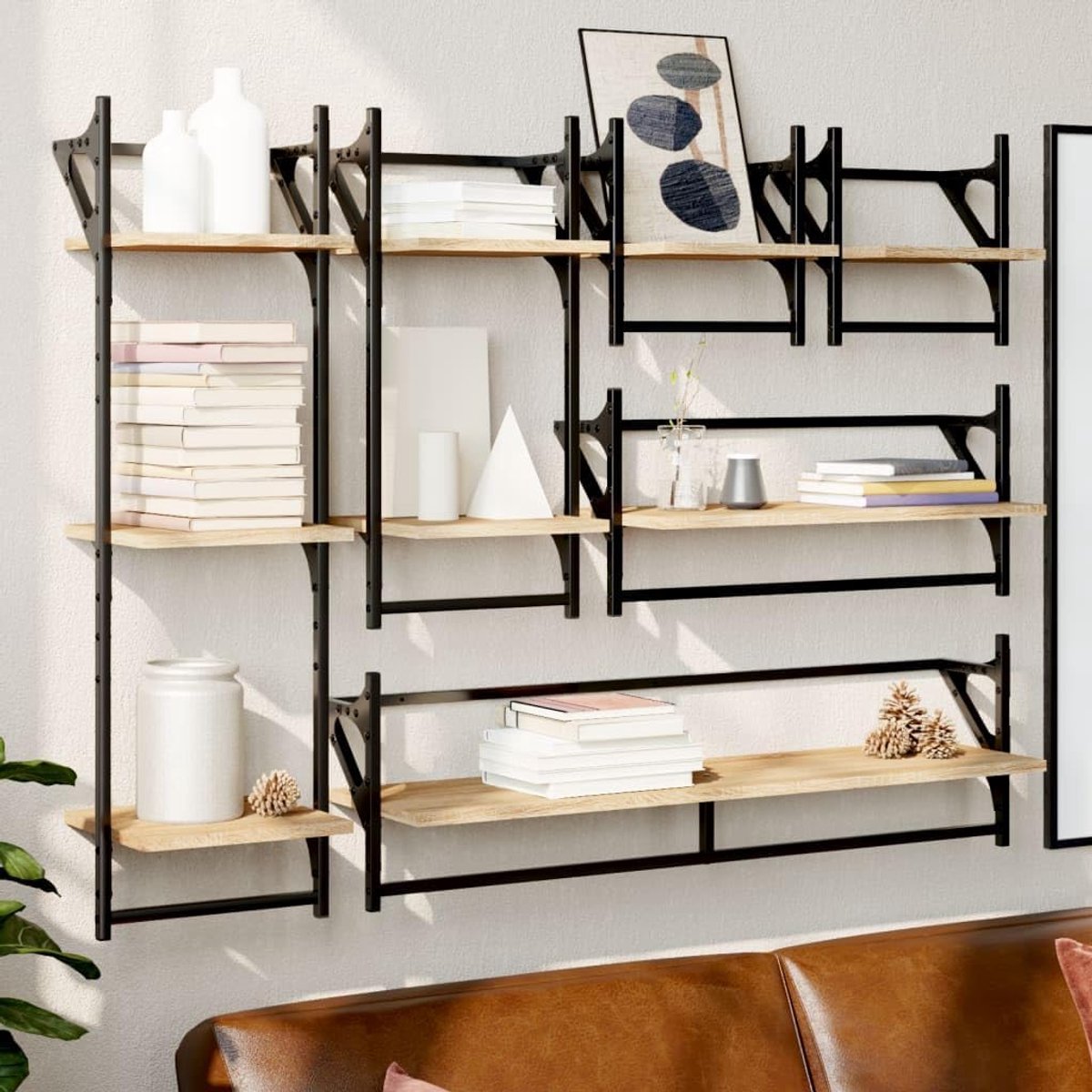 6-delige wandplankenset met stangen van Sonoma-eiken houtmateriaal, opslagoplossing voor decoratie en opslag, wandmontage plank met haaklijst.