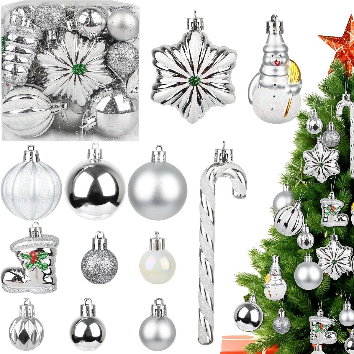 Kerstballen, 34 stuks, kunststof kerstballen, zilver, kerstdecoratie, 13/8/6/3 cm, onbreekbare plastic ballen, kerstboomversiering, kerstdecoratie (zilver)