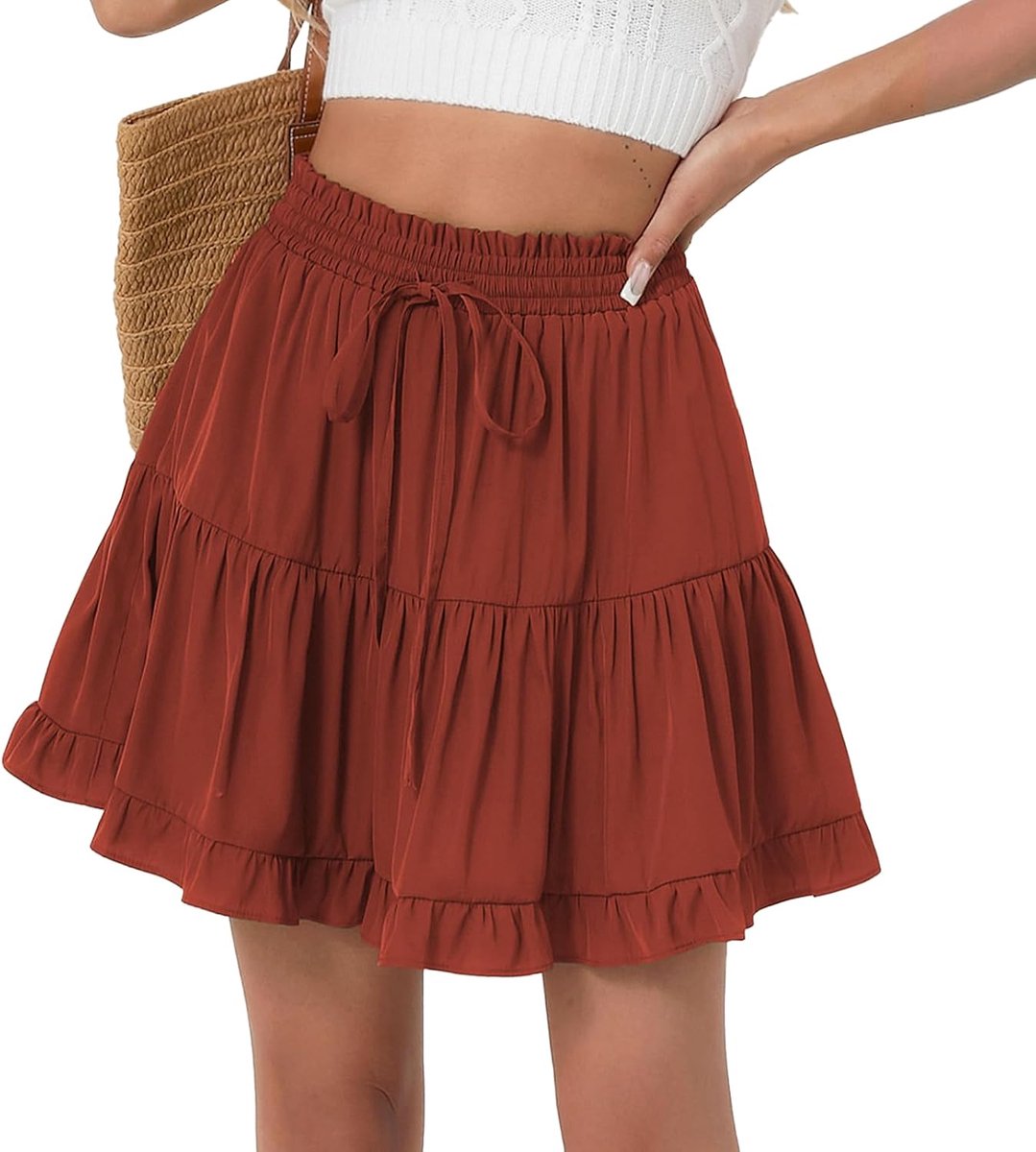 A-lijn met plooien, algoritme met hoge taille met trekkoord, zomerrok met geïntegreerde shorts, lichte zwarte minirok
