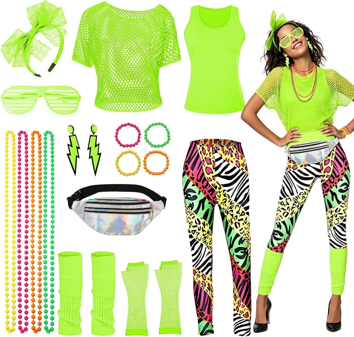 '80 en 90 outfit voor dames, retro trainingspak, kostuumaccessoires, T-shirt, netshirt, riemtas, oorbel, halsketting, nethandschoenen, leggings, beenwarmers, groen, XL