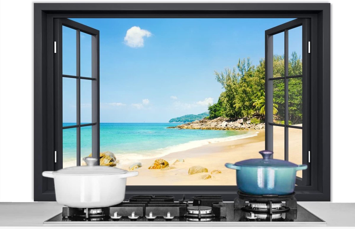 Spatscherm Keuken - 120x80 cm - Doorkijk - Strand - Zwart