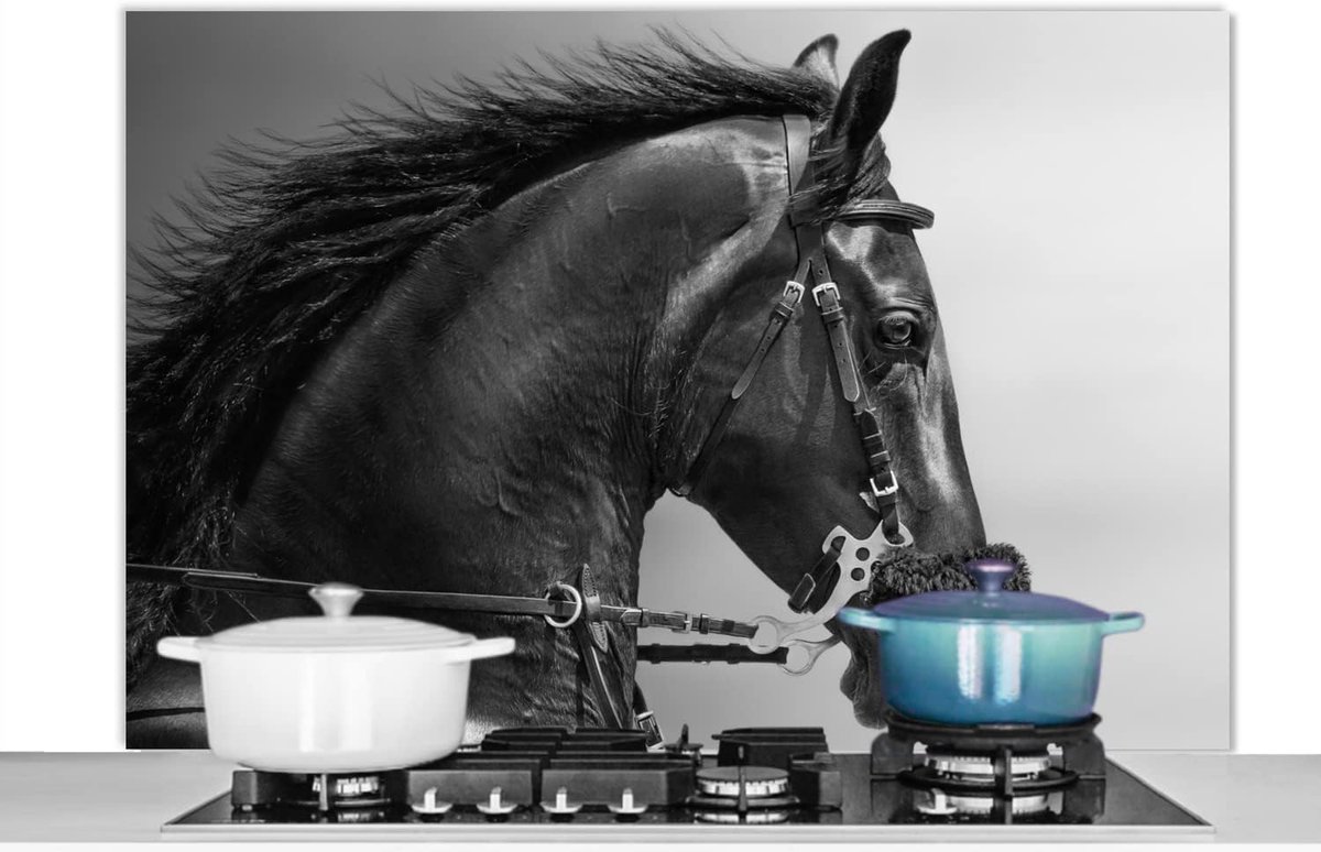 Spatscherm Keuken - 120x80 cm - Paarden - Zwart - Portret - Dieren