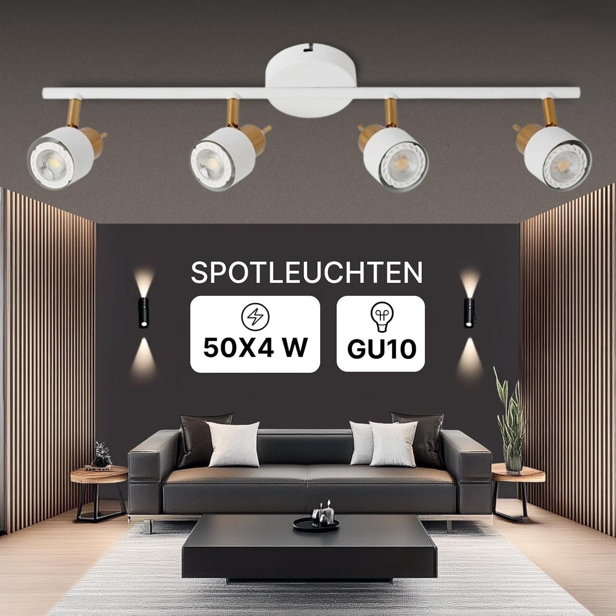 4-lichts plafondspot voor hal, keuken en woonkamer, neutrale opbouwspot van metaal, verstelbare spotlamp geschikt voor led en GU10