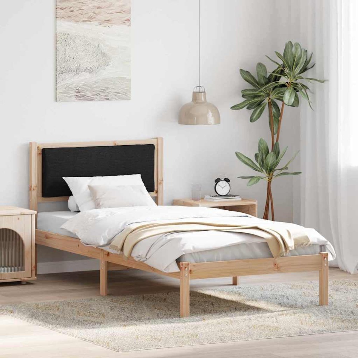 Grenenhout modern slaapkamerbed 90 x 190 cm naturel zwart