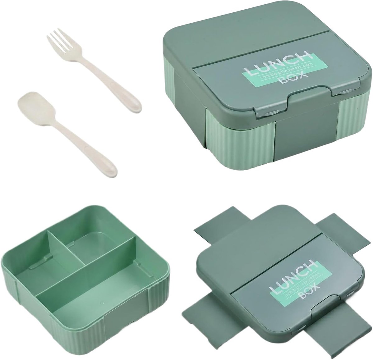 Broodtrommel met 3 vakken, lekvrije Bento Box 1200 ml met bestek, kleur groen, voor school en uitstapjes