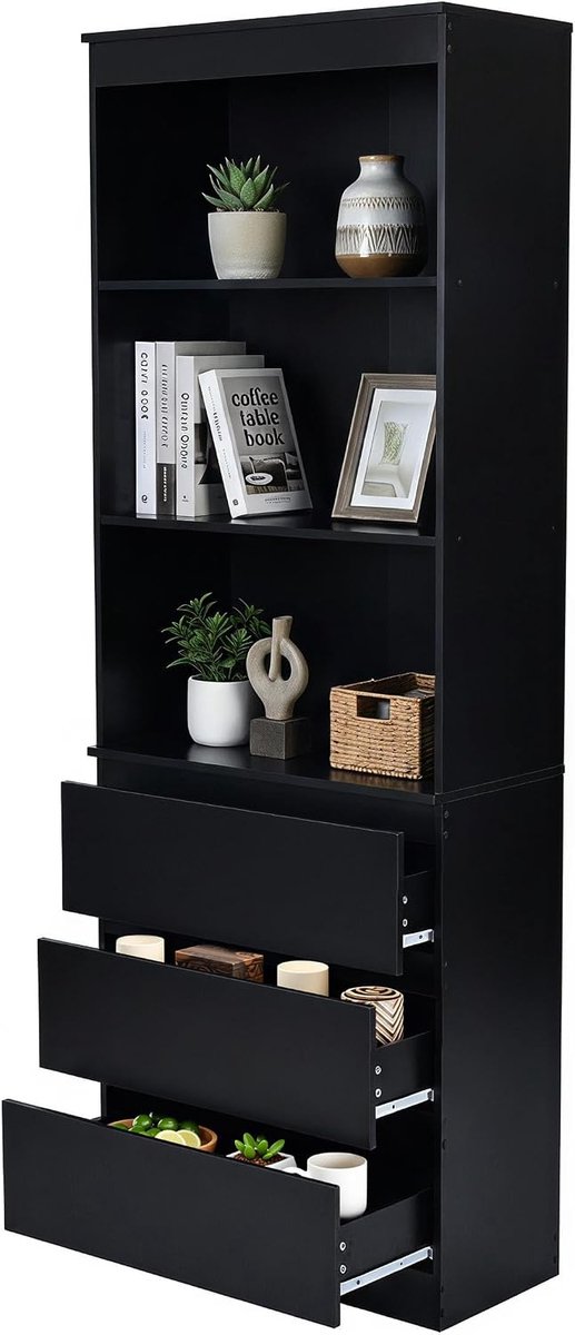 Boekenrek met 3 vakken en 3 laden, smal hoog rek met laden voor woonkamer en kantoor