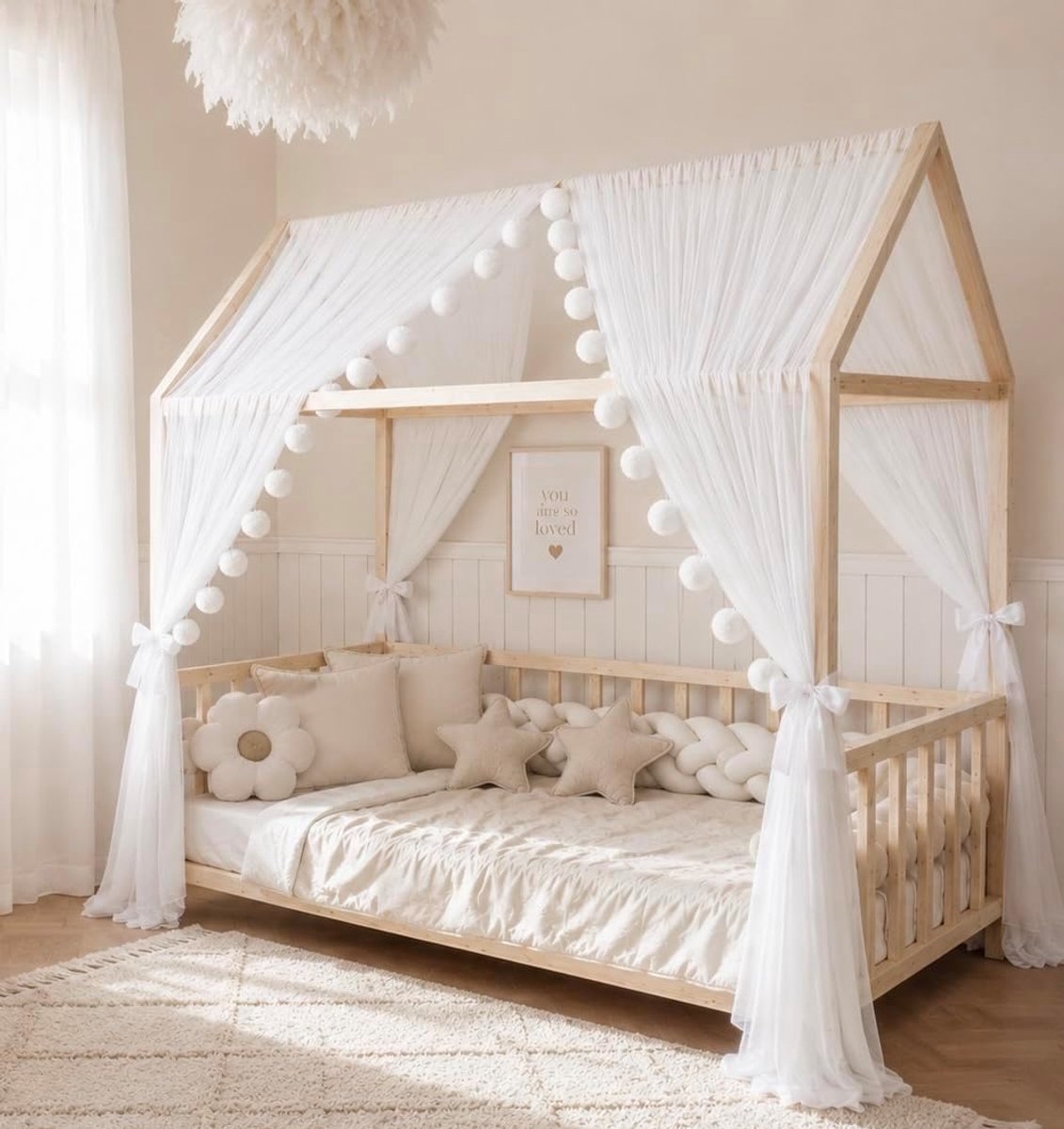 Fancyroom Bedhemel voor kinderbed, kinderkamer, baldakijn, bedhemel voor meisjes, prinsessenkamer, ecru, 320 cm, met 5 gouden vlinders