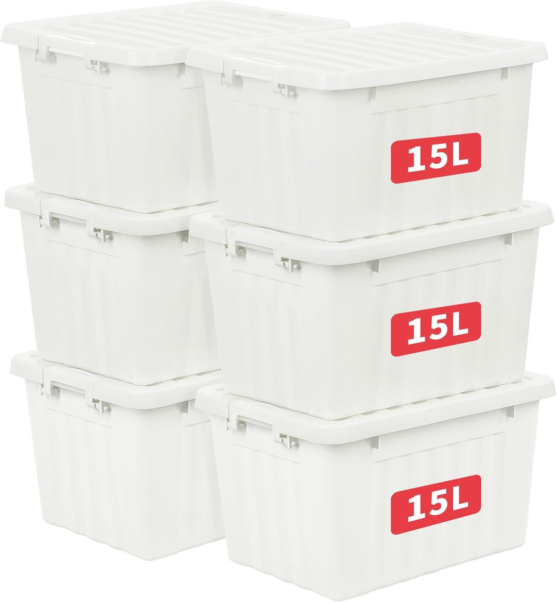 15L x 6 plastic opbergdoos, wit, draagtas, organiserende container met duurzaam deksel en veilige vergrendelende gespen, stapelbaar en nestbaar, 6 stuks, met gesp