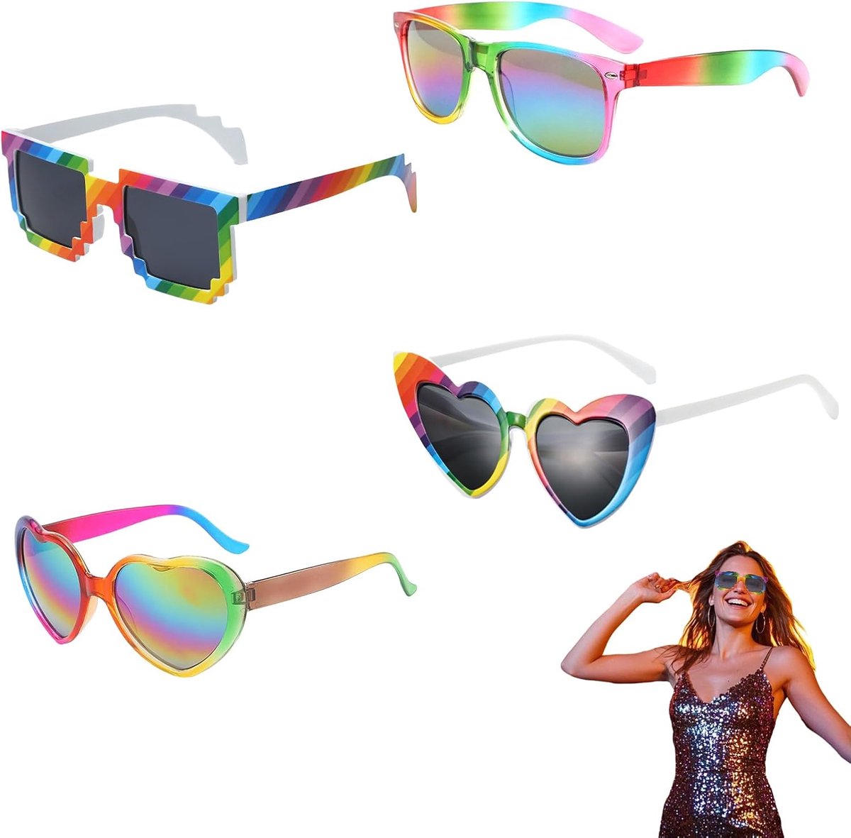 Zonnebril Set – 4 Stuks – Kleurrijke Hartvormige & Mosaïek Zonnebrillen – Ideaal voor Feestjes en Speciale Gelegenheden – Unisex – Stijlvol en Comfortabel